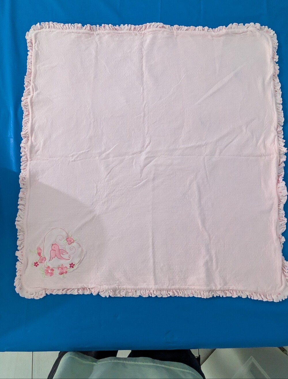 Little Wonders Pink Ruffle Baby Blanket with Tiny Bird & Floral Motif.